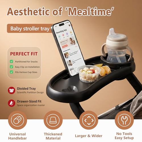 Li&Zhao Universal Stroller Snack Tray 3-in-1 Detachable Stroller Snack Tray Attachment with Secure Phone Holder, Spill-Proof Cup Holders Compartments, Easy-Clean Universal Snack Tray for Stroller - color: C-Black