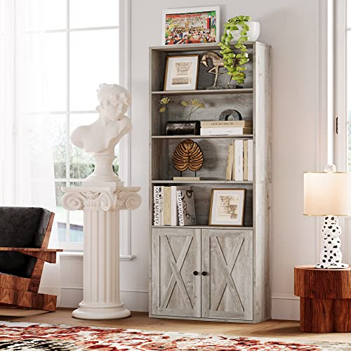 IRONCK Industrial Bookshelves and Bookcases with Doors Floor Standing 6 Shelf Display Storage Shelves 70 in Tall Bookcase for Home Office, Living Room - color: Beige Maple