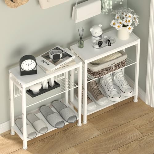 End Table Set of 2 for Small Space, 3-Tier Narrow Side Table with Magazine Holder,Small Nightstand, Skinny Snack Couch Table in Living Room, Bedroom Study and Balcony (White) - color: White-2pcs