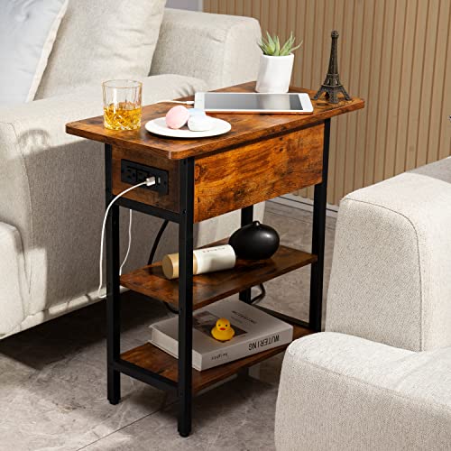 Yoobure End Table with Charging Station, Flip Top Side Table with USB Ports and Outlets, Sofa Couch Table Bedside Table for Living Room Bedroom, Narrow Nightstand with Storage Shelves for Small Space - color: Berry Brown