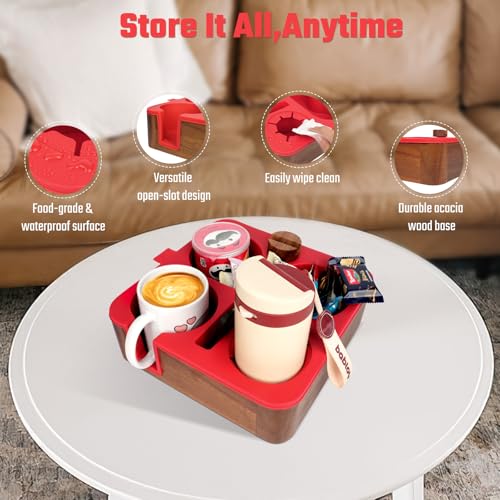 Couch Cup Holder Tray, Real Acacia Wooden Caddy with Soft Silicone, Snack and Drink Organizer- Perfect Movie Night Accessories for Bed, Remote and Cup Holders for Sofa (Red) - color: Red
