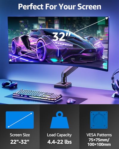 Single Monitor Mount for 32 27 24 22 inch Screen, Monitor Arm Holds 4.4-22 lbs, Monitor Desk Mount, Gaming & Home Office Use, VESA 75x75mm & 100x100mm, Freelift Pro Black - color: Black, size: Single