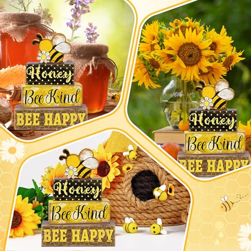 Britimes 4 Pcs Bee Wooden Tiered Tray Decor Set, Bumble Bee Table Decor Spring Daisy Honey Farmhouse Rustic Wooden Summer Coffee Table Centerpieces for Home kitchen Office Decorations - style: Bee