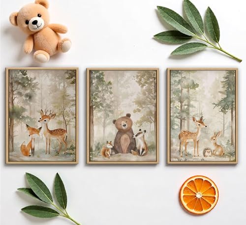 Framed Woodland Animal Nursery Canvas wall art Wild Animals Forest Paintings Pictures Wall Decor Fox Bear Deer Watercolor Poster Print - color: Woodland-framed, size: 24"L x 16"W