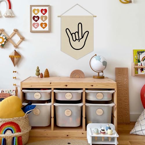 Kids Room Decor, Boy Nursery Linen Canvas Banner, I Love You Hand Sign Neutral Wall Hanging Pennant Flag Banner for Boys Kids Toddler Room Bedroom Playroom Decor, 15x11in - color: I love you sign language