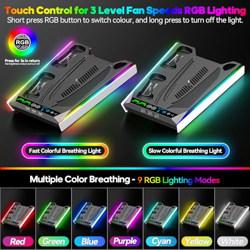 PS5/Slim/Pro Stand for Disc & Digital Console, PS5 Cooling & Charging Station with RGB Lights, PS5 Controller Charger Built-in 3 Level & AUTO Adjustable Fan, Accessories for PlayStation 5 Cases - color: Black & White