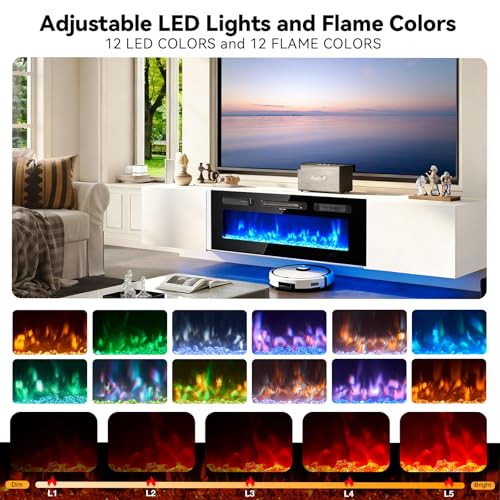 70'' Floating TV Stand with 36" Electric Fireplace, Wall Mounted Entertainment Center for TVs up to 80", Adjustable 12-Color LED Lights TV Console for Living Room,White and Black - color: White & Black, size: 70 IN