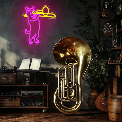 Cat Playing Trombone Neon Sign for Wall Decor Dimmable Cat Neon Lights Music LED Sign USB Powered Live Music Neon Signs for Pet Shop Music Room Bedroom Concert Dj Studio Bar - style: cat playing trombone