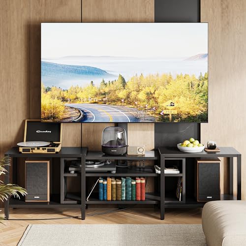 IRONCK 79 Inch TV Stand for TVs up to 85 Inch with Mount and Power Outlet, 3 Tiers TV Console with Storage Shelves, Entertainment Center, Steel Frame, for Living Room, Bedroom, Black - color: Black