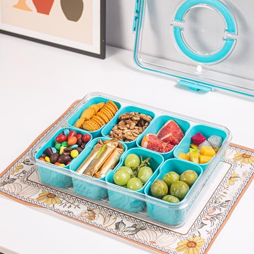 Divided Serving Tray with Lid and Handle - Snackle Box Charcuterie Container for Portable Snack Platters Organizer for Candy, Fruits, Nuts, Snacks - Perfect for Party, Entertaining, Lake blue - color: Lake blue