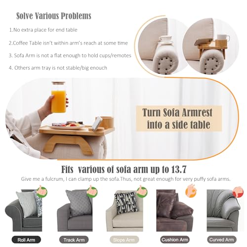 Nnewvante Couch Table on Arm,3 in 1 Large 15.36"x9.85" Bamboo Couch Cup Holder Sofa Arm Clip on TV Tray Table with 360°Rotated Phone/Cup Holder - color: Bamboo
