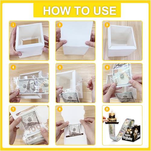 White Gold Birthday Money Box for Cash Pull, Happy Birthday Boxes Gifts for Money Pull Out Card, 50Pcs Transparent Bags - color: Gold