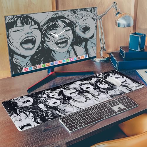 XL Black & White Manga Gaming Mouse Pad – Large Japanese Art Desk Mat for Keyboard & Mouse – Non-Slip Water-Resistant Surface, Stitched Edges – 31.5x11.8 in (X-Large) - color: Ahegao, size: 31.5L x 11.8W inches