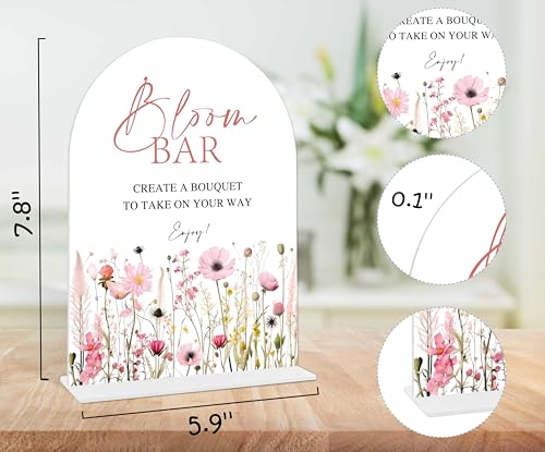 Pink Flower Bloom Bar Sign, Flower Bar Supplies, Bridal Shower Decor, Wedding Reception Decorations, Bridal Shower Centerpieces for Tables, Engagement Decor, Arch Acrylic Wedding Sign With Base-1 - color: Bloom Bar01
