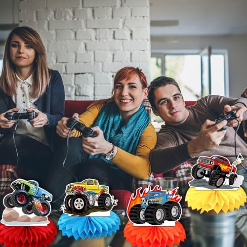 9pcs Monster Truck Honeycomb Decorations, Cool Car Racing Boy Girl Honeycomb Centerpiece table decor, Birthday Party Supplies Ornaments - color: Truck