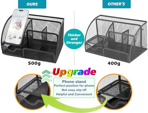 Boutilon Mesh Desk Organizer Desktop Office Supplies Stationary Organizer with 6 Compartments and 1 Drawer Multi-Functional Caddy Pen Holder for Home Office School Desk Decor(Black) - color: Black
