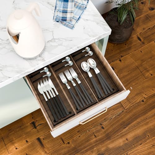 BYCY Silverware Drawer Organizer, Mesh Utensil Organizer for Kitchen Storage, Black Steel Metal Mesh Tray for Flatware Fork Spoon Knife… (15 * 6-4P-Black) - color: 15*6-4P-Black
