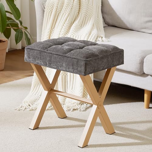Royal Windsor Vanity Stool,Square Ottoman Stool Foot Rest,Upholstered Vanity Chair Foot Stool with Metal X Legs, Small Vanity Seat for Entryway,Bedroom and Living Room,Dark Grey+Yellow - color: 12.6"d Dark Grey+yellow