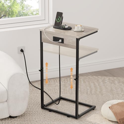 Vagusicc C Shaped End Table with Charging Station, Adjustable Height Side Table for Couch,Small Side Table Small Spaces,33.2'' Tall Couch Tables that Slide Under, Tv Tray Table for Living Room, Greige - color: Greige (1 Pack), style: With Plug