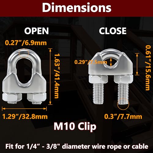 6PCS 3/8 Inches M10 Stainless Steel Wire Rope Cable Clip Clamp - size: M10 Clips-6PCS