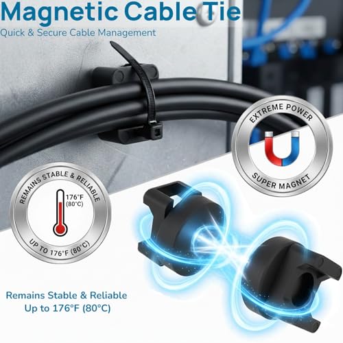 225-Pc Magnetic Cable Ties Set,Magnetic Zip Tie Mounts & Cable Ties | Magnetic Wire Holder, 25 Magnetic Cable Holders & 200 Zip Ties, Magnet Cable Tie Mounts for Cables, Wires, Cords, Hoses-22 mm - size: 22mm