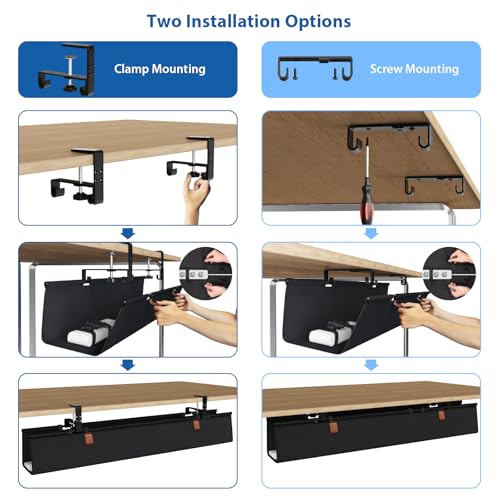 Zilink No Drill Under Desk Cable Management Tray 40" Cord Organizer for Table Clamp/Screw Mount Cable Management Under Desk Waterproof Fabric Cable Management Tray for Office, Home - color: Black, size: 40"