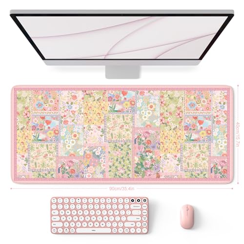HAOCOO Cute Pink Desk Matt for Desktop, Floral Mouse Pad with Stitched Edge, Desk Protector Mat with Non-Slip Rubber Base, 35.4” x 15.7" Largr Computer Pad for Women Office - color: Pink2
