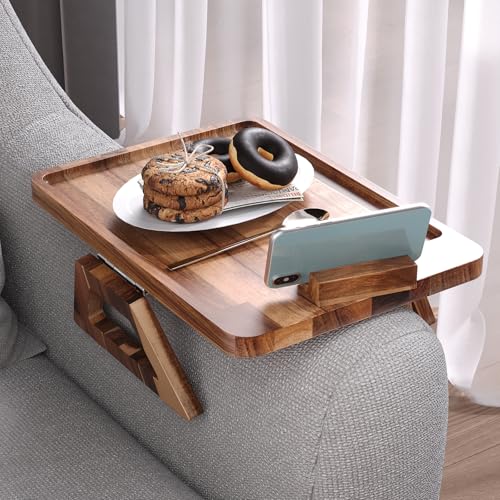 Acacia Wood Couch Arm Tray with 360°Phone Holder,Folding Sofa Armrest Tray,Couch Arm Table Clip-On Couch Desk for Drinks,Snacks,Phone,Remote Control - style: Phone Holder