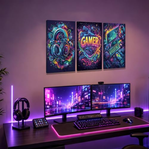Yolbcdr Game Room Decor Video Game Canvas Wall Art Set of 3 Cool Gaming Poster Prints Gamer Sign Pictures Graffiti Gamepad Headphones Painting Wall Decor for Boys Bedroom 16x24in Framed - color: Colorful Gamer, size: 16"x24" Canvas