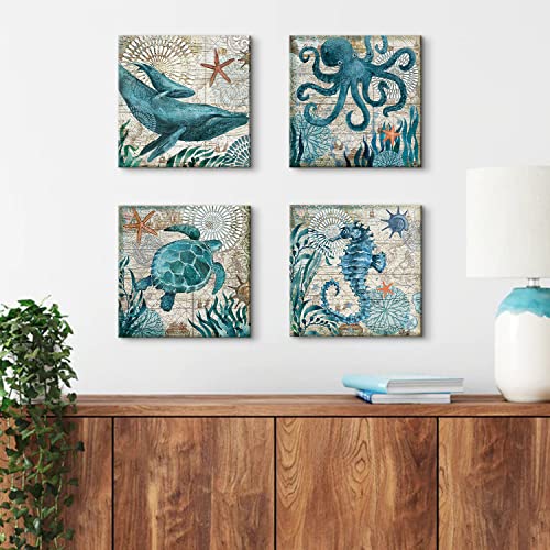 Bathroom Wall Art Beach Decor Ocean Sea Turtle Octopus Canvas Pictures Coastal Room Decor Teal Bathroom Accessories Vintage Whale Seahorse Poster Modern Nautical Painting Bedroom Home Decorations - color: Teal Sea Turtle, size: 12x12in