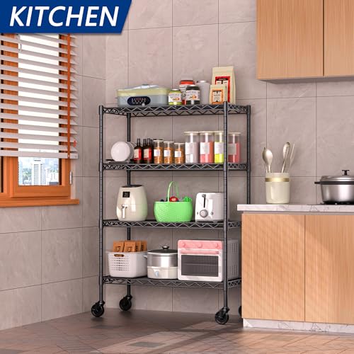 Soywey 4-Shelf Adjustable Heavy Duty Storage Shelving Unit on 4 Wheel Casters, Metal Organizer Wire Rack for Laundry Bathroom Kitchen Pantry Closet, Black - size: 4-Shelf, style: With Wheels