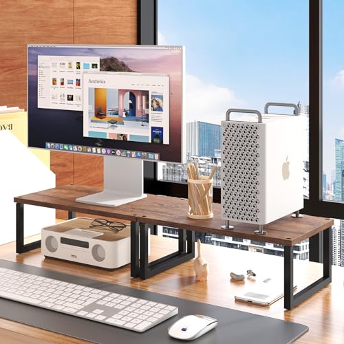 Simple Trending 2 Pack Monitor Stand Riser, Wood Desk Storage Organizer for Office Laptop, Computer, Antique Brown - size: 29"W x 9"D x 5.5"H