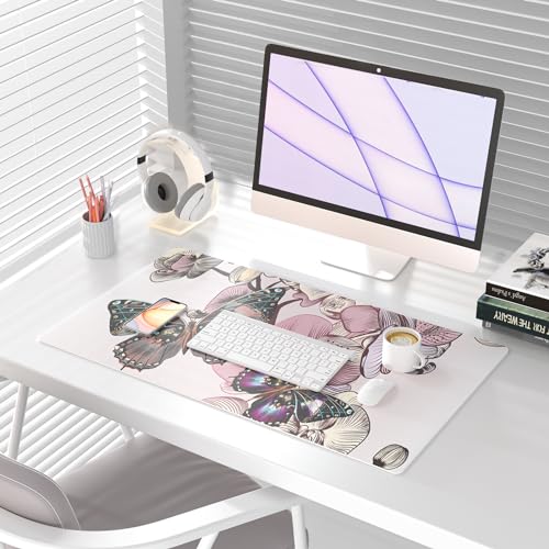 QIYI Large Mouse Pad, PU Leather Desk Blotter Protector, Waterproof Computer Desk Mat, Butterflies Keyboard Mouse Pads, Non Slip Base Home & Office Accessories, Extended Large Size 31.5" x 15.7" - color: Floral Butterflies, size: 31.5" x 15.7"