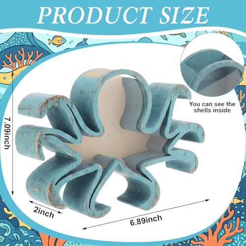 CroBlissful Green Octopus Seashell Holder Seashell Display Box Wooden Small Starfish Shell Display Case with Acrylic Clear Window Shark Tooth Collection Box for Shells Sea Rock Home Decor Present - color: Green, style: Octopus