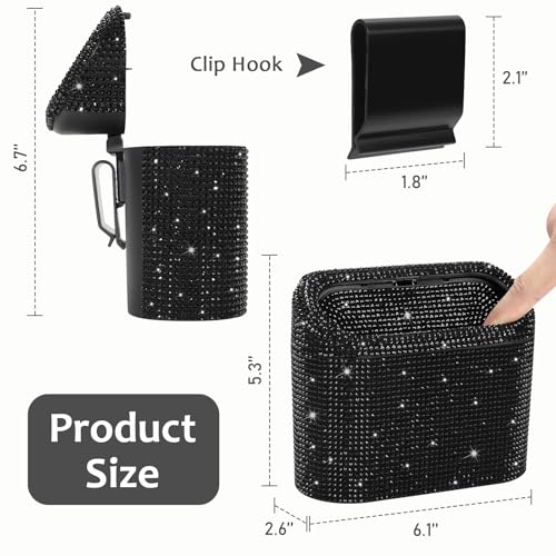 Accmor Bling Car Trash Can with Lid, Mini Vehicle Garbage Organizer Storage Bin Dustbin, Sparkling Crystal Rhinestone Holder Container with 30pcs Garbage Bags Car Accessories - color: Black/Black Rhinestone
