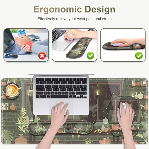 Aesthetics Large Mouse Pad with Wrist Support 4 in1 Set, XXL Big Game Mousepad + Keyboard Wrist Rest + Mouse Wrist Rest Pad +Coaster Gaming Mat for Home Office Computer I Green Plants and Black Cat - color: Green Plants Black Cat