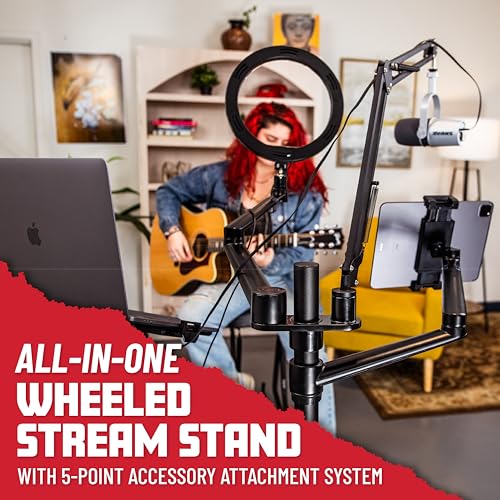 Gator Frameworks 5-in-1 Mobile Content Creator Streaming Stand with Wheeled Tripod Base – Includes Smartphone, Tablet, Laptop Clamps, Ring Light, and More! (GFW-STREAMSTAND-W) - style: Rolling Base