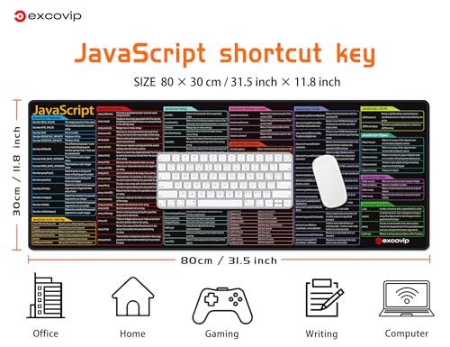 excovip Shortcut Mouse Pad for Javascript,31.4x11.7x0.07 inch Extended Large Cheat Sheet Mousepad PC Office Spreadsheet Keyboard Shortcut Mouse Mat with Non-Slip Stitched Edge 0426 - color: For Javascript