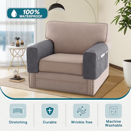 Turquoize Waterproof Armrest Covers for Chairs and Sofas 2 Pack Arm Protectors for Sofa with Side Pocket Anti-Slip Furniture Protector Washable Armrest Slipcovers Set of 2, Light Gray - color: Double Diamond- Light Gray