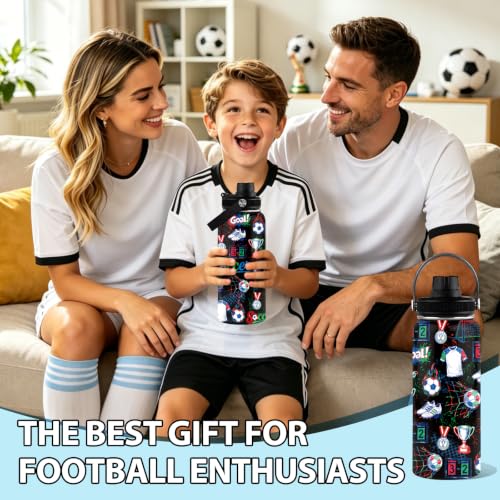 Soccer Water Bottle with Lid - Gift for Soccer Coach Player Fan - 32oz Insulated Stainless Steel Sport Bottles for Women Men Teens - color: Soccer