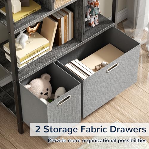 Armocity Bookshelf with Drawers - 5 Tier Tall Bookcase Geometric Modern Book Shelf Display Standing Bookshelves with Storage for Living Room, Bedroom Home Office, Grey Oak - color: Grey Oak