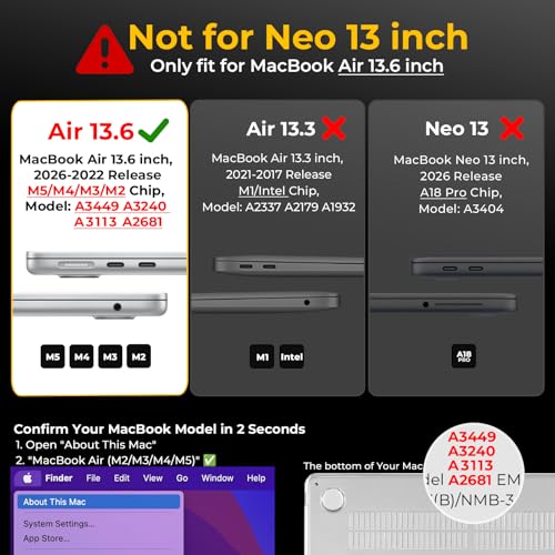 EooCoo Compatible with MacBook Air 13 inch Case M5 2026-2022 M4 M3 M2 Model A3449 A3240 A3113 A2681, Mac Air 13.6 inch Hard Shell & Keyboard Cover & Screen Film & Type-C, Frost Black - color: Original Space Black
