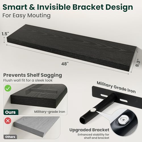 Floating Shelves for Wall 48 in x 9.3 in Deep, Wall Mounted Rustic Wood Shelf with Invisible Brackets for Storage & Display, Living Room Bedroom Bathroom, Black, 2 Pack - color: Black, size: 48 Inch, 2 pack