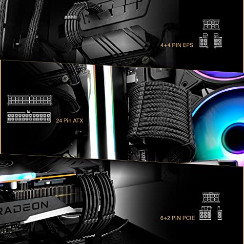 EZDIY-FAB PSU Cable Extension Sleeved Custom Mod GPU PC Power Supply Soft Nylon Braided with Comb Kit 24PIN/8PIN to 6+2Pin/ 8PIN to 4+4PIN-30CM - Black - color: Black