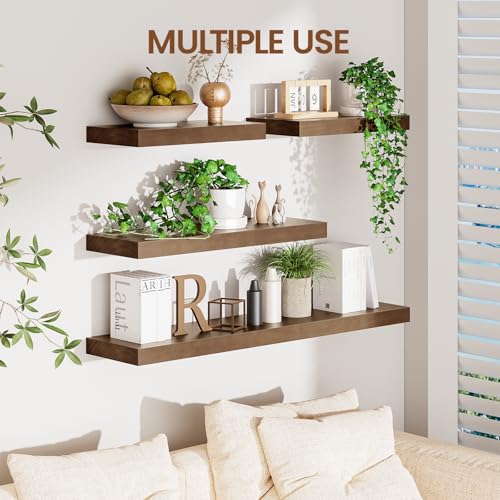 Heimlove Solid Wood Floating Shelves 16 inch, 8 Inch Deep Display Shelves Set of 2, Wall Mounted Floating Shelf with Invisible Brackets for Bathroom Bedroom Kitchen Living Room - American Walnut - color: American Walnut, size: 16”Wx8”Dx1.6”H