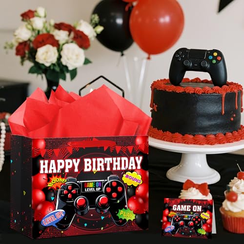 Game Theme Birthday Party Supplies Video Game Birthday Gift Bag with Wrapping Paper and Card Red Black Gaming Decorations Gamer Wrapping Paper Bag for Boys Girls Men Women Game Theme Party Decor - color: Red Black