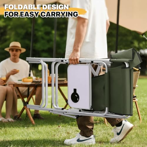 MoNiBloom 44.5'' Tall Makeup Artist Director Chair, Foldable Portable Aluminum Frame Folding Chair with Side Table, Cup Holder and Storage Pockets, 250 lbs Capacity, Dark Green - color: Dark Green, size: 23.5" x 17" x 44.5" (1 Pack)