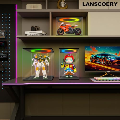 LANSCOERY Acrylic Display Case 13.8x9.8x21.2 in, 10mm Base, RGB Ring Light, 3mm Clear Panels, Front Door for Action Figures and Models - size: 13.8x9.8x21.2inch; 35x25x53.5cm