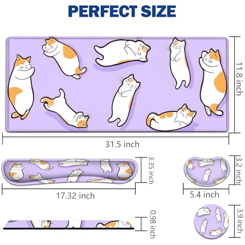 Large Mouse Pad + Keyboard Wrist Rest Set, Extended Gaming Mousepad (31.5X11.8 inch) with Non-Slip Rubber, Ergonomics Memory Foam Mouse Wrist Rest Support, Cute Cats Pattern Purple XXL Desk Pad - color: Yu-Mouse Pad-3-B42
