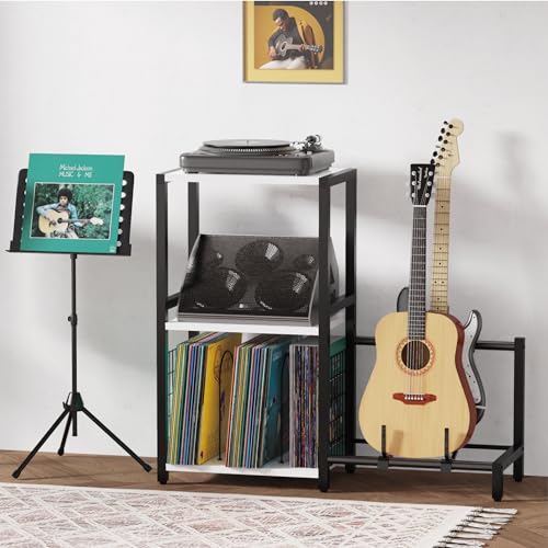 End Table with Guitar Stand,Record Player Stand,Vinyl Records Storage,2-Tier Guitar Stand for Acoustic, Electric Guitar,Bass,Turntable Stand Side Table for Music Room Studio Living Room-Modern White - color: Modern White